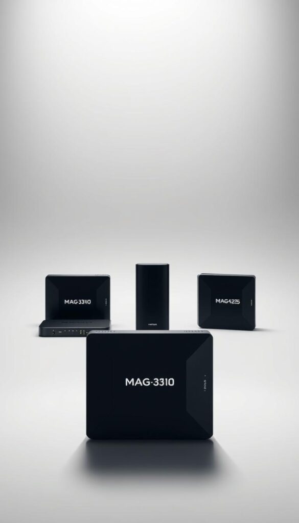 A sleek and modern display of the most popular MAG box models, showcased in a professional studio setting with soft, directional lighting. The models are arranged in a clean, minimalist layout, allowing their distinct designs and features to take center stage. In the foreground, the flagship Hoxtoon Provider MAG310 model stands prominently, its clean lines and premium finish capturing the attention. In the middle ground, the MAG322 and MAG425 models are presented alongside, highlighting their diverse capabilities and connectivity options. The background is a seamless, neutral backdrop, creating a sense of focus and emphasizing the technological prowess of these MAG box solutions. The overall mood is one of sophistication and innovation, perfectly suited to showcase these powerful IPTV streaming devices.