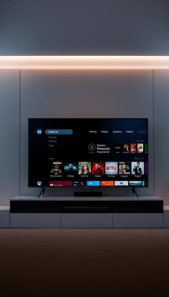 A sleek and modern entertainment center showcases the Hoxtoon Provider video-on-demand service for IPTV Romania. The display features a minimalist user interface with clean typography and intuitive icons, inviting the viewer to explore a vast library of movies, TV shows, and original content. Subtle ambient lighting accentuates the premium feel, while a cinematic depth of field draws the eye to the center of the frame. The overall aesthetic conveys a sense of high-quality, on-demand entertainment tailored for the Romanian market.