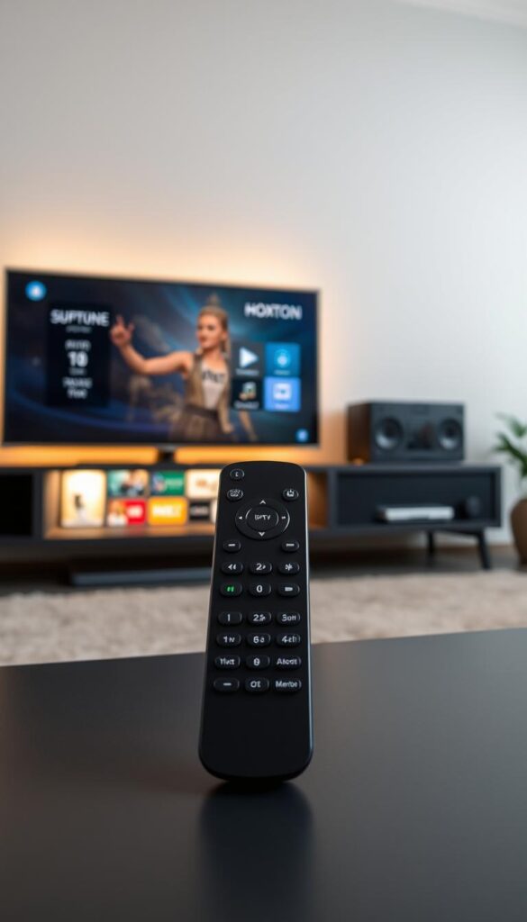 A sleek and modern entertainment hub showcasing the advanced features of the Hoxtoon IPTV provider. In the foreground, a high-resolution display presents a seamless, intuitive user interface with a diverse array of customizable options. The middle ground features a sophisticated remote control, its minimalist design hinting at the powerful functionalities it commands. In the background, a minimalist yet stylish entertainment center houses the IPTV device, casting a warm, ambient glow that sets the tone for an immersive viewing experience. Crisp lighting and a clean, uncluttered composition emphasize the advanced, cutting-edge nature of the Hoxtoon IPTV system.