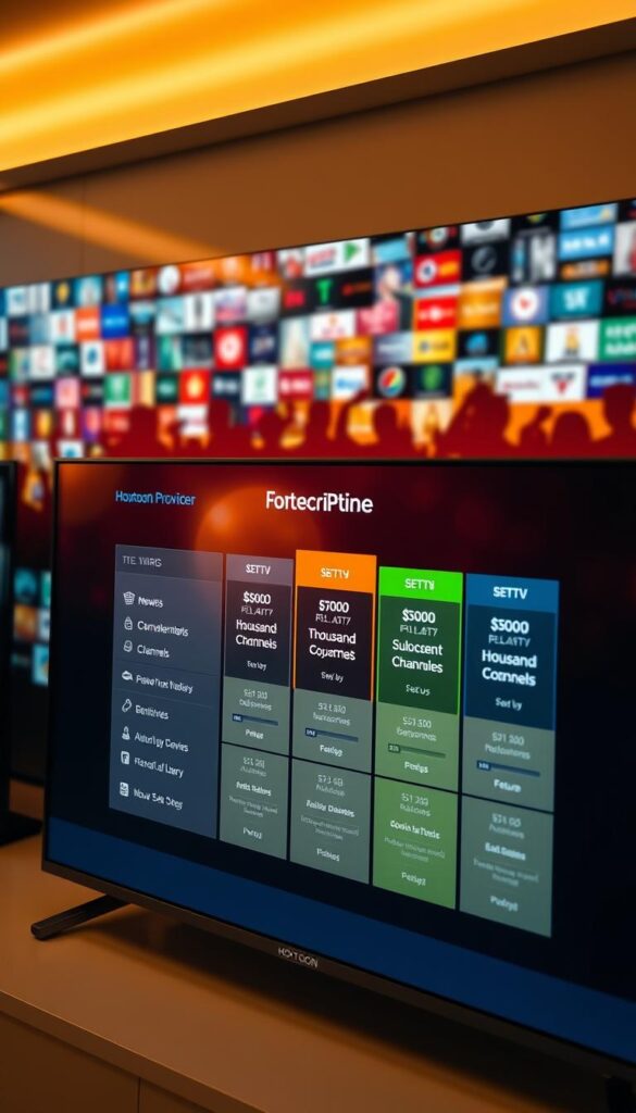 A sleek and modern flat-screen TV displays a vibrant and comprehensive IPTV subscription plan interface, showcasing the Hoxtoon Provider brand. The foreground features a grid-like layout of various subscription tiers, each with clear pricing, channel counts, and feature highlights. The middle ground depicts a blurred background of a large content library, with silhouettes of thousands of channels spanning news, movies, sports, and more. Warm, soft lighting illuminates the scene, creating a sense of professionalism and quality. The overall atmosphere conveys the extensive content available to IPTV subscribers, highlighting the Hoxtoon Provider's diverse and expansive offerings.
