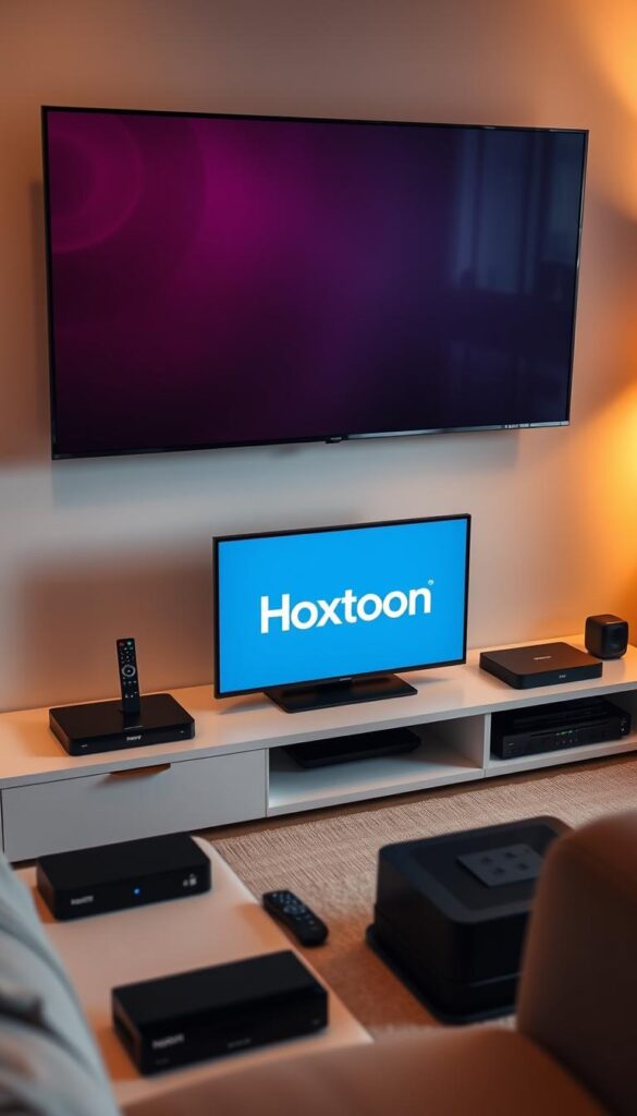 A sleek and modern home entertainment setup showcases the Hoxtoon Provider, a premium IPTV service that delivers high-quality streaming without the need for a VPN. The Hoxtoon logo prominently displayed on a minimalist media center, surrounded by a range of streaming devices, remote controls, and a high-definition television screen. The scene is bathed in warm, soft lighting, creating a cozy and inviting atmosphere. The overall composition emphasizes the simplicity and convenience of the Hoxtoon IPTV solution, making it an attractive option for those seeking a seamless, VPN-free streaming experience.