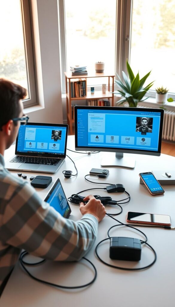 A sleek and modern home office setup, bathed in warm, natural lighting from large windows. In the foreground, a user seamlessly transitions between a laptop, tablet, and smartphone, all displaying the Hoxtoon Provider interface. The middle ground showcases a clean, minimalist desk with various tech devices, cables, and accessories neatly organized. In the background, a stylish bookshelf and potted plants create a cozy, productive atmosphere. The scene conveys the multi-device flexibility and integration offered by Hoxtoon Provider, allowing the user to enjoy a cohesive digital experience across their tech ecosystem.