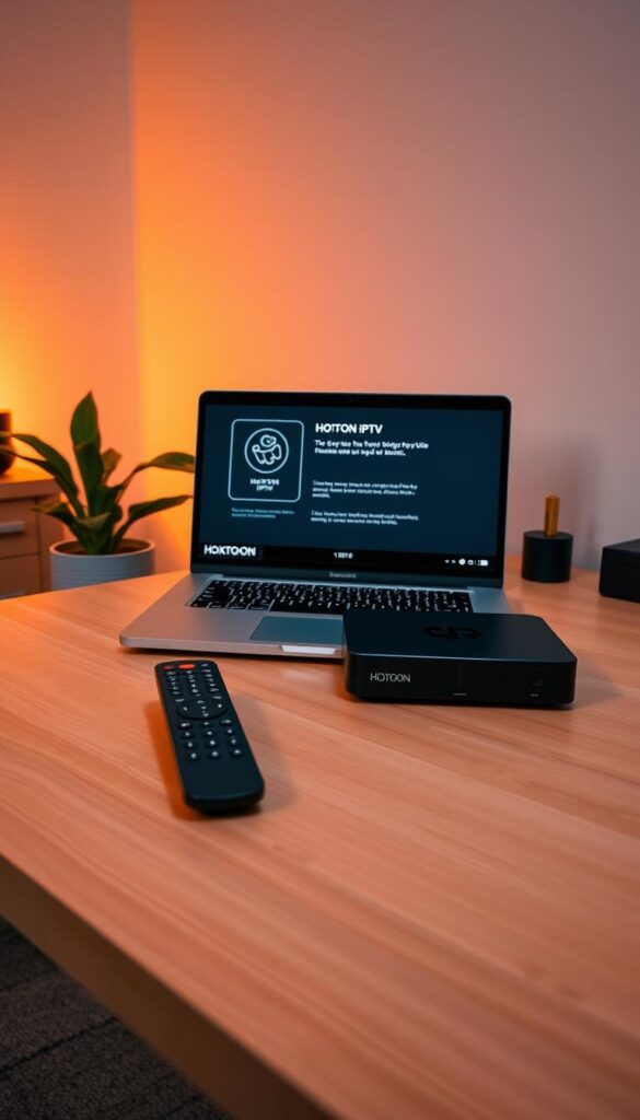 A sleek and modern home office setup, with a laptop, remote control, and HOXTOON PROVIDER IPTV box prominently displayed on a minimalist wooden desk. Warm, indirect lighting illuminates the scene, creating a cozy and focused atmosphere. The laptop screen shows the HOXTOON IPTV setup guide, guiding the user through the installation process. The room is neatly organized, with a plant and other subtle decorative elements adding a touch of personality. The overall composition conveys a sense of efficiency and professionalism, reflecting the instructional nature of the subject matter.