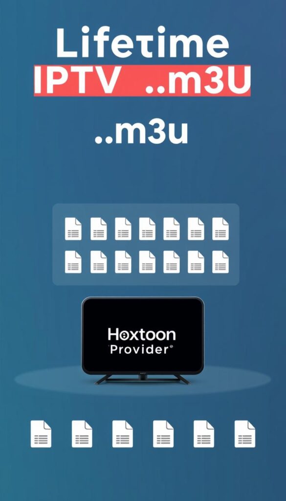 A sleek and modern illustration of lifetime IPTV .m3u services. In the foreground, a stylized icon of a TV screen displays the Hoxtoon Provider brand, conveying the high-quality and reliable nature of the service. The middle ground features a clean and minimalist design, with neatly arranged .m3u file icons, representing the seamless access to a vast library of live TV channels and on-demand content. The background is a gradient of cool hues, creating a sense of depth and professionalism. The overall composition suggests the convenience, flexibility, and long-term value of a lifetime IPTV .m3u subscription.