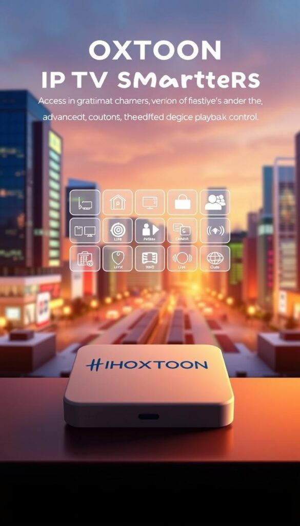 A sleek and modern illustration of the HOXTOON IPTV Smarters Lifetime service, showcasing its key benefits. In the foreground, a stylized representation of the Hoxtoon Provider logo, rendered in a clean, minimalist style. The middle ground features a grid of floating icons, symbolizing the wide range of features and capabilities of the IPTV Smarters Lifetime version, such as access to live TV channels, on-demand content, and advanced media playback controls. The background depicts a vibrant, futuristic cityscape, hinting at the seamless integration of the service into a digital lifestyle. The overall scene is illuminated by warm, soft lighting, conveying a sense of comfort and reliability associated with the Hoxtoon IPTV Smarters Lifetime experience.