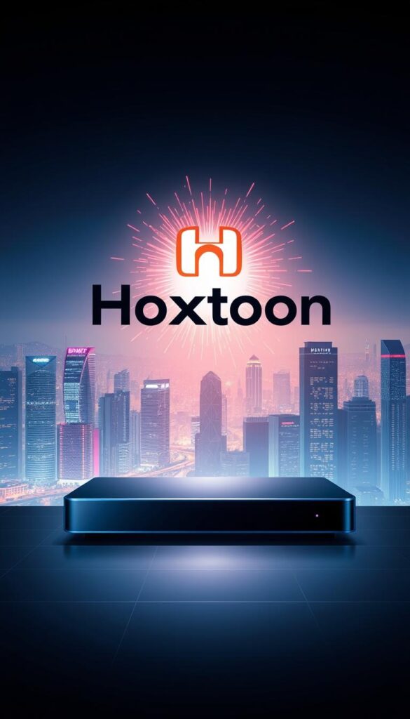 A sleek and modern illustration of the Hoxtoon IPTV Provider logo, set against a backdrop of a vibrant, futuristic cityscape. The Hoxtoon brand name is prominently displayed in a bold, stylized font, surrounded by a dynamic, glowing energy field. In the foreground, a minimalist, high-tech device or interface suggests the seamless, cutting-edge technology that Hoxtoon offers. The scene is bathed in a cool, sophisticated color palette of blues and grays, with dramatic lighting that creates a sense of depth and drama. The overall impression is one of innovation, reliability, and a forward-thinking approach to IPTV services.