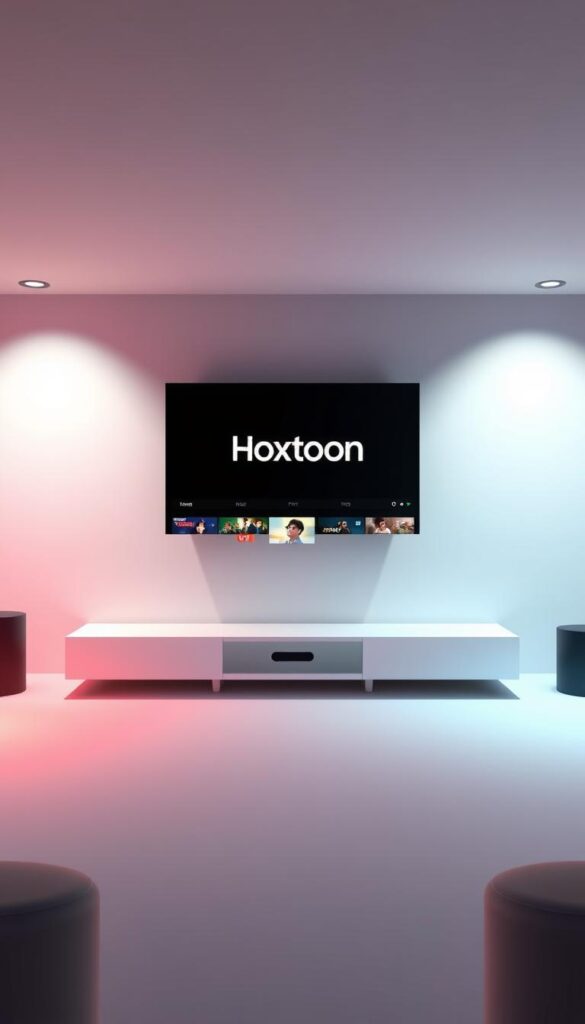 A sleek and modern illustration of the Hoxtoon IPTV Provider service. A clean, minimalist user interface showcasing the Hoxtoon logo prominently in the center, surrounded by a grid of streaming content thumbnails. The scene is illuminated by soft, directional lighting, casting subtle shadows and highlights that accentuate the service's premium design. The background is a muted, gradient-based color palette, creating a sense of depth and emphasis on the Hoxtoon brand. The overall composition conveys a high-quality, cutting-edge IPTV platform poised to dominate the market in 2025.