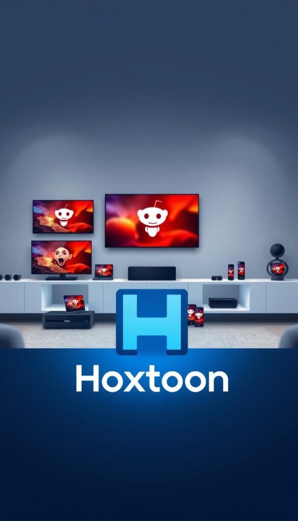 A sleek and modern illustration of the Hoxtoon IPTV Service provider. In the foreground, the Hoxtoon logo stands prominently, rendered in a minimalist, high-contrast design. The middle ground features a variety of streaming devices, including smart TVs, set-top boxes, and mobile devices, all seamlessly connected and displaying vivid, high-quality content. The background showcases a clean, minimalist living room setting, with subtle lighting and a sense of technological sophistication. The overall composition conveys the reliability, user-friendliness, and premium quality of the Hoxtoon IPTV Provider service, making it an appealing choice for Reddit users in 2025.