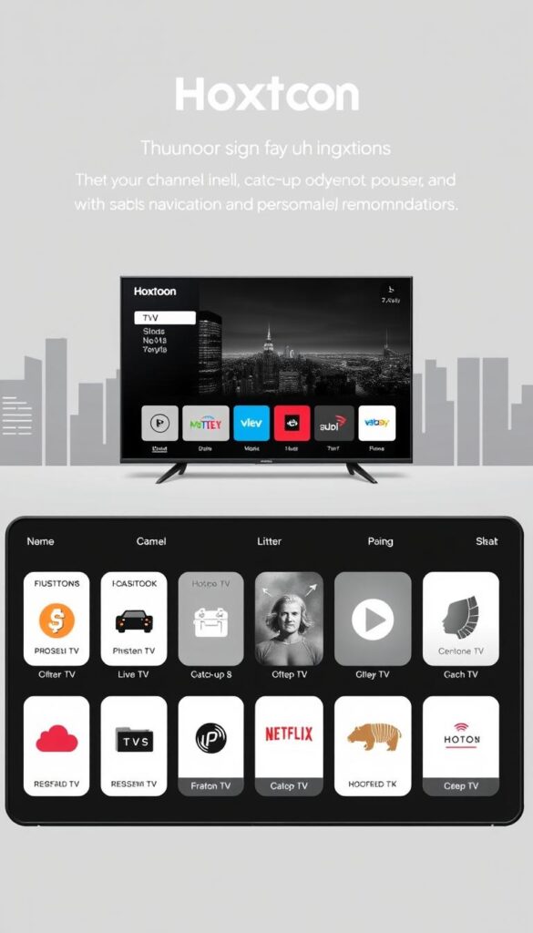 A sleek and modern illustration of the Hoxtoon Provider IPTV app's key features. A stylish black-and-white aesthetic with bold, clean typography. In the foreground, a grid of app icons showcasing Hoxtoon's extensive channel lineup, live TV, catch-up, and on-demand content. The middle ground features a large, high-definition TV screen displaying Hoxtoon's intuitive user interface, with a focus on seamless navigation and personalized recommendations. In the background, a minimalist cityscape with skyscrapers and a night sky, symbolizing Hoxtoon's global reach and reliable, high-quality streaming capabilities. Soft, directional lighting creates depth and highlights the app's modern, sophisticated design.