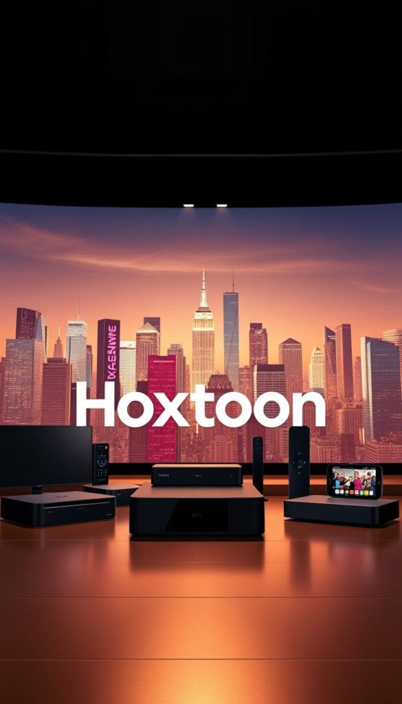 A sleek and modern illustration of the "Hoxtoon Provider" IPTV service. In the foreground, a bold and stylized "Hoxtoon" logo stands out, rendered in a minimalist yet eye-catching design. The middle ground features a collection of streaming devices, such as smart TVs, set-top boxes, and mobile devices, showcasing the versatility of the Hoxtoon platform. The background depicts a vibrant cityscape, hinting at the comprehensive channel lineup and global coverage of the Hoxtoon IPTV service. The overall scene is bathed in a warm, inviting glow, conveying a sense of reliability, accessibility, and cutting-edge technology that defines the Hoxtoon brand.