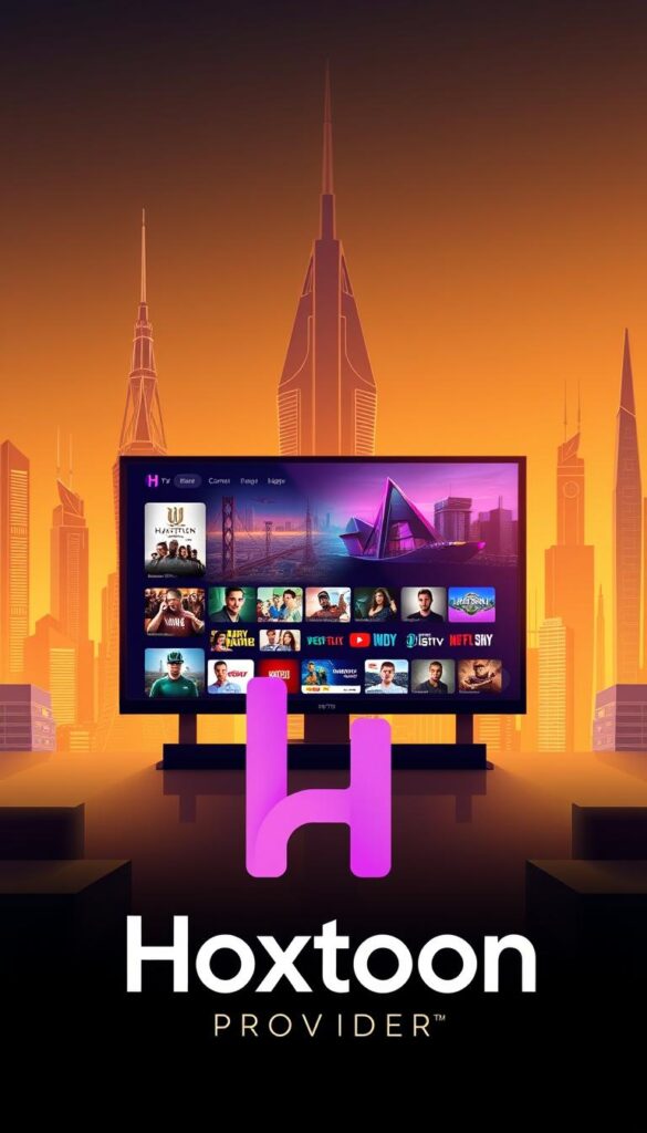 A sleek and modern illustration of the "Hoxtoon Provider" IPTV service. In the foreground, the Hoxtoon logo stands prominently, conveyed in a bold, minimalist style with clean lines and a vibrant color palette. The middle ground features a large, high-definition display showcasing a diverse range of international content, capturing the global reach and comprehensive library of the Hoxtoon platform. In the background, a cityscape with towering skyscrapers and futuristic architecture creates a dynamic, technologically-advanced atmosphere. The scene is illuminated by warm, diffused lighting, conveying a sense of reliability, professionalism and innovation associated with the Hoxtoon IPTV service.