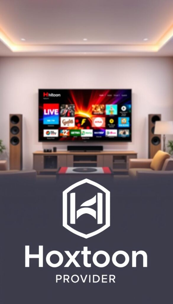 A sleek and modern illustration of the Hoxtoon Provider IPTV service. The scene depicts a well-appointed home entertainment setup, with a large flat-screen TV taking center stage. The TV screen displays a vibrant, high-definition IPTV interface, showcasing a diverse array of live channels and on-demand content. In the foreground, a stylized Hoxtoon Provider logo is prominently featured, conveying a sense of authority and reliability. The middle ground features elegant home furnishings, including a plush leather sofa and a state-of-the-art media console. The background is softly blurred, creating a sense of depth and focus on the Hoxtoon Provider branding and the IPTV experience. The overall mood is one of sophistication, technology, and the promise of seamless, high-quality entertainment.