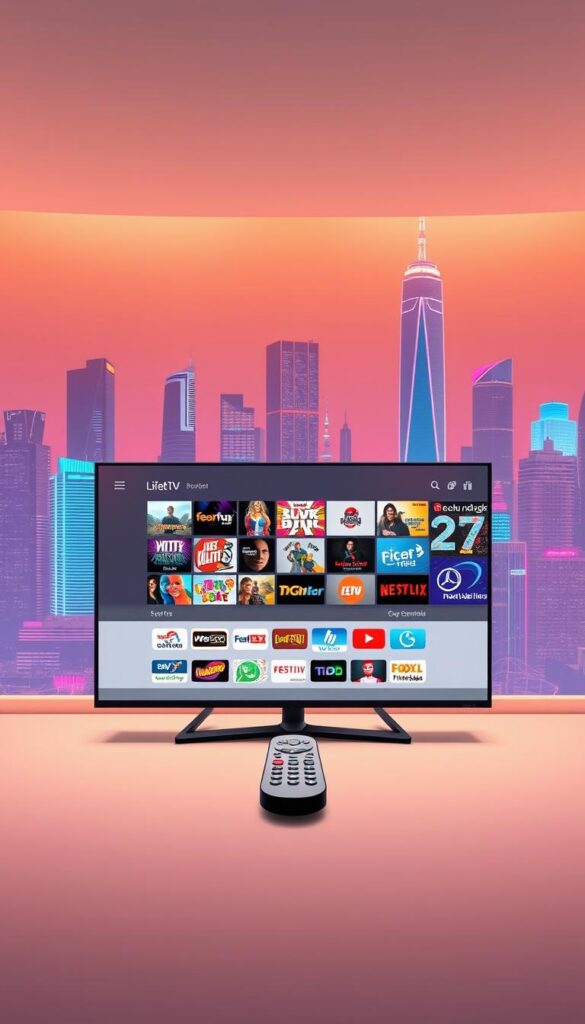 A sleek and modern illustration of the Hoxtoon Provider "Lifetime IPTV" service. In the foreground, a minimalist display screen showcases a diverse array of live TV channels and on-demand content. The middle ground features a stylized remote control, highlighting the seamless user experience. In the background, a vibrant cityscape with towering skyscrapers and neon lights creates a dynamic and tech-savvy atmosphere, conveying the global reach and cutting-edge nature of the Lifetime IPTV platform. The scene is illuminated by warm, soft lighting, exuding a sense of comfort and reliability. The overall composition emphasizes the accessibility, versatility, and future-facing appeal of the Hoxtoon Provider "Lifetime IPTV" service.