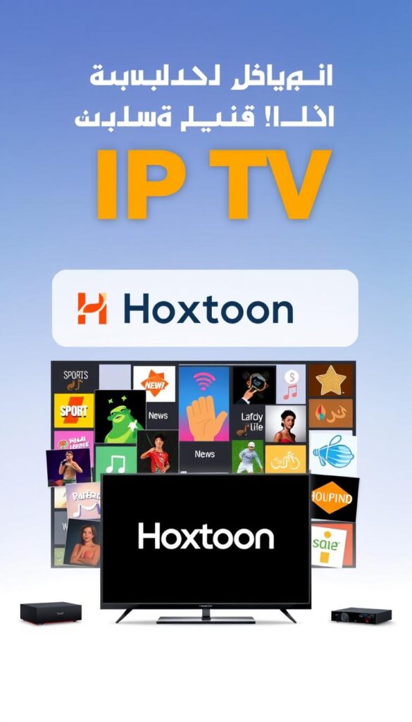 A sleek and modern illustration of the diverse content categories available through the Hoxtoon Provider IPTV service. In the foreground, a series of vibrant and stylized icons representing different genres like sports, movies, news, and music. In the middle ground, a clean and minimalist layout showcasing the Hoxtoon brand name and logo, conveying a sense of premium quality and reliability. The background features a subtle gradient in shades of blue and purple, creating a calming and sophisticated atmosphere. The overall composition is well-balanced, with a focus on highlighting the breadth and depth of the Arabic IPTV content available through Hoxtoon.