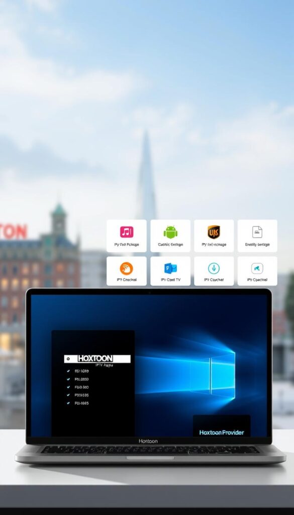 A sleek and modern illustration showcasing IPTV subscription services. In the foreground, a stylized laptop display presents the Hoxtoon Provider brand logo against a clean, minimalist backdrop. In the middle ground, various IPTV package options are displayed, each represented by distinct icons and pricing details. The background features a softly blurred cityscape, hinting at the global reach and accessibility of these streaming services. The overall composition conveys a sense of professionalism, technology, and the convenience of IPTV subscriptions.