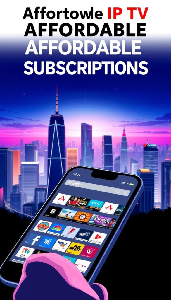 A sleek and modern illustration showcasing affordable IPTV subscriptions. In the foreground, a stylized close-up of a smartphone displaying the Hoxtoon Provider interface, highlighting its intuitive layout and vast channel selection. The middle ground features a collection of on-screen icons and graphics, hinting at the breadth of live content available. In the background, a vibrant cityscape with towering skyscrapers and a serene night sky, conveying a sense of global connectivity. The overall mood is one of accessibility, technology, and the thrill of unlimited entertainment at your fingertips. Crisp, high-contrast lighting and a slightly cinematic angle lend an air of sophistication to the scene.