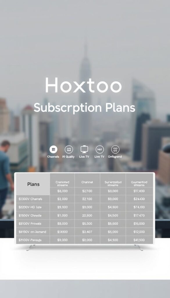 A sleek and modern illustration showcasing the Hoxtoon Provider IPTV subscription plans. In the foreground, a bold and minimalist title "Hoxtoon Provider Subscription Plans" hovers above a table displaying the various plan options, including details on channels, simultaneous streams, and pricing. The table is presented on a clean, white background, with just a hint of a gradient or subtle texture to add depth. In the middle ground, a series of stylized icons represent the key features of each plan, such as HD quality, live TV, and on-demand content. The background features a softly blurred cityscape, conveying a sense of urban connectivity and the digital nature of the IPTV service. The overall tone is sleek, professional, and visually appealing, reflecting the high-quality and reliable nature of the Hoxtoon Provider brand.