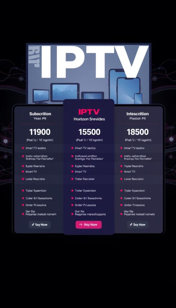 A sleek and modern illustration showcasing the Hoxtoon Provider IPTV subscription plans. In the foreground, a sophisticated grid layout presents the various plan options, with clear pricing, feature highlights, and a call-to-action button. The middle ground features a subtle backdrop of digital devices, such as smart TVs and mobile phones, representing the platforms compatible with the IPTV service. The background evokes a sense of connectivity, with a minimalist, yet elegant, pattern of network lines and signal waves, conveying the seamless streaming experience. The overall composition is visually striking, with a balanced use of typography, icons, and a color palette that reflects the Hoxtoon Provider brand identity.