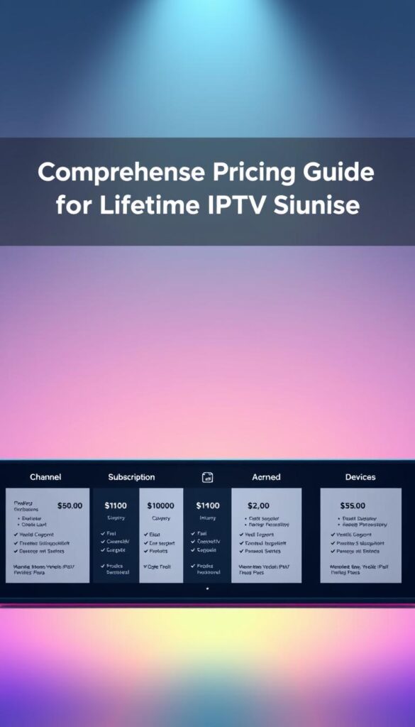 A sleek and modern illustration showcasing the Hoxtoon Provider IPTV subscription plans. In the foreground, a row of stylized plan cards with bold typography and minimalist icons representing key features like channel count, device support, and pricing. The cards are arranged in a grid layout, creating a sense of organization and hierarchy. In the middle ground, a clean and vibrant background gradient transitions from a cool, muted tone to a warmer, more vibrant hue, adding depth and visual interest. The overall composition is lit by a soft, directional light source, casting subtle shadows and highlights that accentuate the plan details. The mood is professional, informative, and visually appealing, perfectly suited to illustrate the "Comprehensive Pricing Guide for Lifetime IPTV Subscriptions" section.