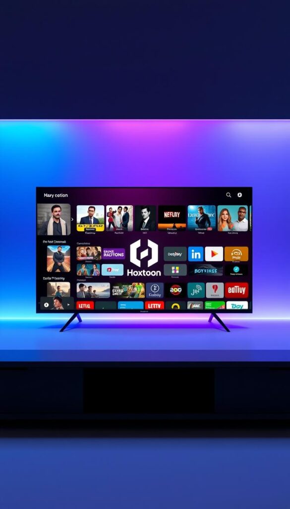 A sleek and modern illustration showcasing the Hoxtoon Provider brand as the premier IPTV service. In the foreground, a high-resolution display depicts a diverse selection of live TV channels, on-demand content, and user-friendly interface. The middle ground features the Hoxtoon logo prominently, conveying a sense of reliability and quality. The background is a minimalist, gradient-based design in shades of blue and purple, creating a sophisticated and tech-savvy atmosphere. The overall composition is well-balanced, with strategic use of lighting and depth of field to draw the viewer's attention to the key features of the Hoxtoon IPTV service.