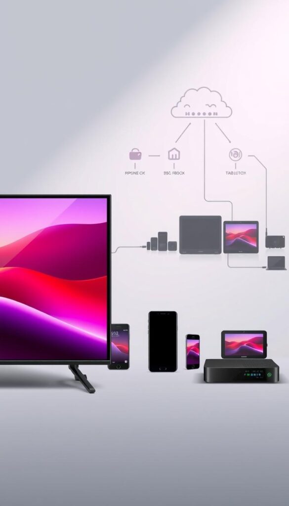 A sleek and modern illustration showcasing the IPTV streaming quality options from the Hoxtoon Provider. In the foreground, a high-definition television displays crisp, vibrant imagery with a range of bitrate and resolution settings. In the middle ground, various devices such as smartphones, tablets, and set-top boxes are arranged, each representing the versatility of Hoxtoon's IPTV technology. The background features a stylized network diagram, highlighting the seamless connectivity and reliable infrastructure that powers the Hoxtoon IPTV service. The scene is illuminated by a soft, directional light, creating a sense of depth and emphasizing the premium quality of the Hoxtoon IPTV experience.