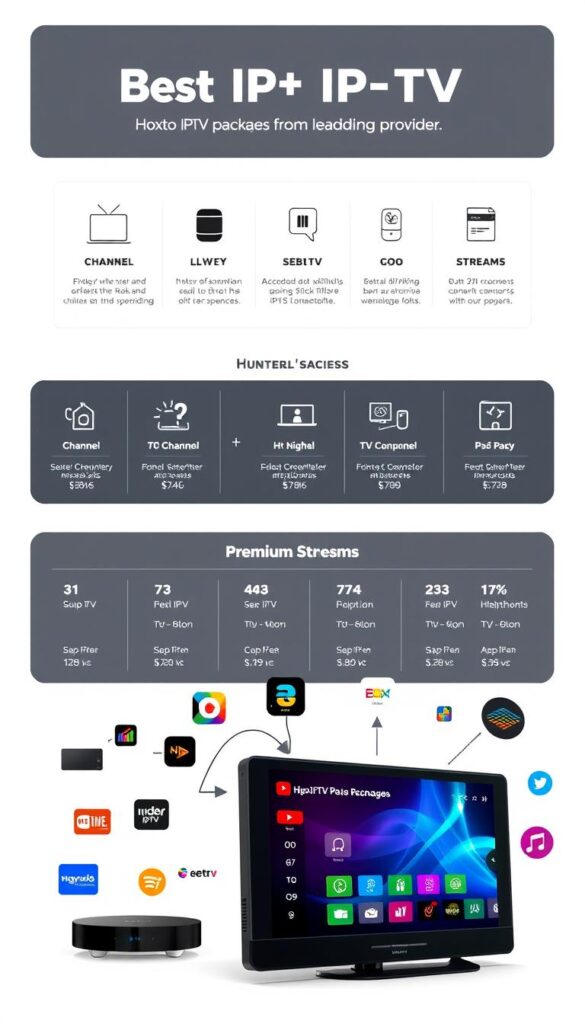 A sleek and modern illustration showcasing the best IPTV packages from the leading provider, Hoxtoon Provider. In the foreground, a stylized device displaying a crisp, high-definition IPTV interface, surrounded by various icons and graphics representing the diverse channel offerings and premium features. The middle ground features a clean, minimalist layout highlighting the package details, such as channel counts, simultaneous streams, and pricing. The background is a soft, gradient-based design, providing a sense of sophistication and professionalism. The overall composition conveys the reliability, quality, and comprehensive nature of Hoxtoon Provider's IPTV services.