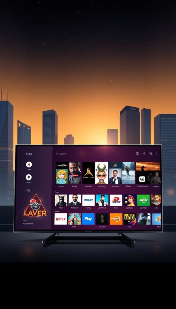 A sleek and modern illustration showcasing the key features of the Hoxtoon Provider IPTV lifetime APK. In the foreground, a high-resolution display showcases the intuitive user interface, with seamless navigation and a clean, minimalist design. In the middle ground, a variety of content icons representing live TV channels, on-demand movies, and sports events demonstrate the breadth of the platform's offerings. In the background, a subtle cityscape scene with skyscrapers and a starry night sky creates a sense of urban sophistication. The image is bathed in a warm, cinematic lighting, with a hint of lens flare for a premium, high-tech aesthetic. Overall, the scene conveys the power, reliability, and user-friendliness of the Hoxtoon Provider IPTV lifetime APK.