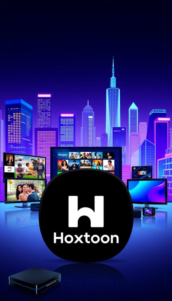 A sleek and modern illustration showcasing the leading IPTV provider, Hoxtoon Provider, against a backdrop of digital technology. In the foreground, the Hoxtoon logo stands prominently, conveying a sense of authority and reliability. The middle ground features a variety of streaming devices, including smart TVs, set-top boxes, and mobile devices, all connected and displaying a diverse range of American television channels. The background is a vibrant, neon-infused cityscape, symbolizing the wide availability and accessibility of Hoxtoon's IPTV services across the United States. The overall composition is well-balanced, with a strong emphasis on the Hoxtoon brand and the variety of content available to American viewers.