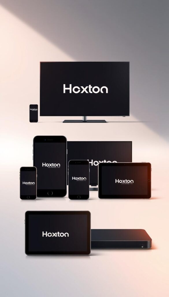 A sleek and modern illustration showcasing the multi-device support of the Hoxtoon IPTV provider. In the foreground, six state-of-the-art devices - smartphones, tablets, and smart TVs - are arranged in a visually striking layout, each displaying the Hoxtoon logo. The devices are rendered with a high level of detail, highlighting their advanced features and seamless connectivity. The middle ground features a clean, minimalist background with subtle gradients, emphasizing the simplicity and elegance of the Hoxtoon platform. Soft, diffused lighting casts a warm, inviting glow across the scene, creating a sense of sophistication and premium quality. The overall composition conveys the versatility and accessibility of the Hoxtoon IPTV service, catering to the diverse needs of modern users across multiple devices.