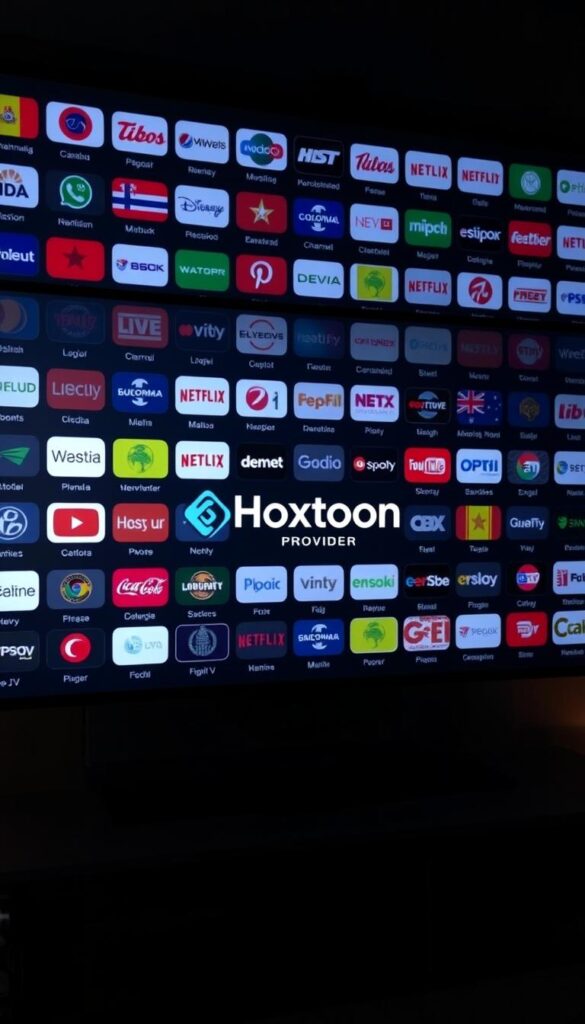 A sleek and modern interface for the Hoxtoon Provider IPTV service, showcasing a seamless grid of international channel logos against a sophisticated dark backdrop. The screen is bathed in a soft, ambient lighting, creating a premium and immersive visual experience. In the center, the Hoxtoon Provider logo stands prominently, conveying a sense of quality and reliability. The overall composition exudes a clean, minimalist aesthetic that appeals to discerning IPTV viewers seeking a premium service to access their favorite international channels.