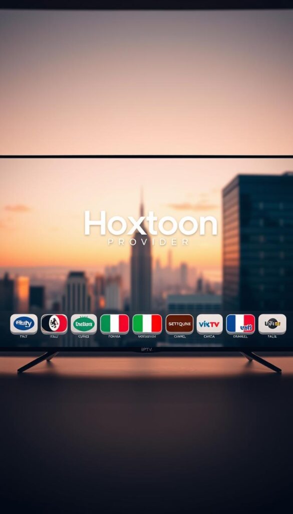 A sleek and modern interface showcasing the Hoxtoon Provider IPTV service, with a clean layout and intuitive design. The Hoxtoon logo prominently displayed, surrounded by a grid of Italian channel logos, all rendered in a high-resolution, photorealistic style. The scene is set against a soft, blurred background of a city skyline, evocative of the service's availability in the USA. Warm, diffused lighting creates a premium, sophisticated atmosphere, while the camera angle suggests a frontal, eye-level perspective, inviting the viewer to engage with the product. The overall impression conveys the reliable, high-quality IPTV experience Hoxtoon Provider offers to its customers.