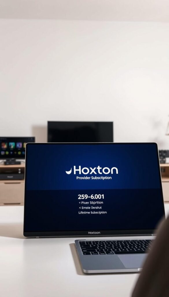 A sleek and modern interface showcasing the Hoxtoon Provider IPTV service, with a lifetime subscription plan prominently displayed. In the foreground, a laptop or desktop computer screen presents the Hoxtoon logo and pricing details, illuminated by soft, directional lighting. The middle ground features various streaming devices, such as a smart TV, set-top box, and mobile device, all connected to the Hoxtoon service. In the background, a clean, minimalist environment with muted colors and subtle textures, creating a professional and trustworthy atmosphere.
