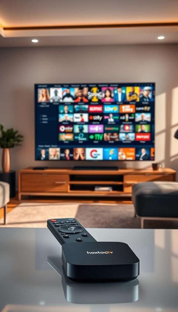 A sleek and modern interior setting showcasing the premium IPTV service "Hoxtoon Provider". The scene features a large, high-definition TV screen displaying a vibrant and diverse array of content categories, such as movies, TV shows, live sports, and international channels. The TV is positioned on a minimalist, wooden entertainment center, surrounded by modern, stylish furniture and lighting. The room is bathed in warm, natural light, creating a cozy and inviting atmosphere. In the foreground, a high-end remote control and a sleek streaming device, emblazoned with the Hoxtoon Provider logo, are prominently displayed, emphasizing the premium and seamless user experience. The overall composition conveys a sense of quality, sophistication, and the vast content library available through the Hoxtoon Provider IPTV service.