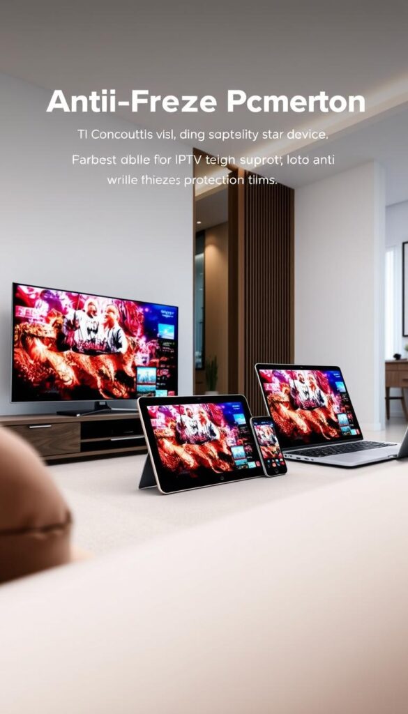 A sleek and modern living room setting, featuring an array of electronic devices showcasing the multi-device support capabilities of the Hoxtoon Provider IPTV service. In the foreground, a large flat-screen TV displays vivid, high-quality video, while in the middle ground, a tablet, smartphone, and laptop are seamlessly connected, mirroring the content. The background showcases a minimalist, well-lit interior design with clean lines and neutral tones, creating a cohesive and visually appealing environment. The scene conveys a sense of effortless connectivity and the convenience of accessing IPTV content across multiple devices, reflecting the "Anti-Freeze Protection" capabilities of the Hoxtoon Provider service.