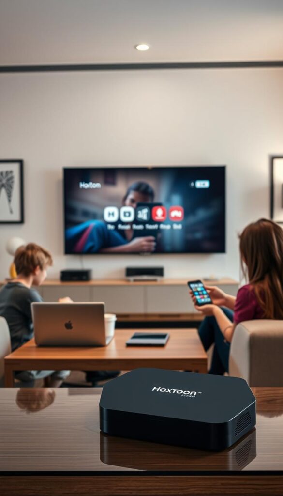 A sleek and modern living room setting, with a large flat-screen TV prominently displayed. In the foreground, a family of four is gathered around a coffee table, each person using a different device - a laptop, a tablet, a smartphone, and a streaming box. The Hoxtoon Provider logo is subtly displayed on the streaming box. The room is bathed in a warm, cozy lighting, creating a comfortable and inviting atmosphere. The walls are adorned with minimalist artwork, and the furniture is stylish and contemporary. The overall scene conveys the idea of a family enjoying multiple simultaneous IPTV connections, seamlessly integrated into their living space.