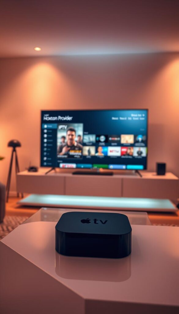 A sleek and modern living room setting with an Apple TV device prominently displayed on a TV stand. The room is bathed in soft, warm lighting, creating a cozy and inviting atmosphere. On the Apple TV's display, a seamless IPTV streaming interface from the "Hoxtoon Provider" is visible, showcasing a diverse selection of channels and content. The scene conveys the ease and convenience of IPTV streaming on the Apple TV, with all the necessary technical requirements for a smooth and immersive viewing experience.