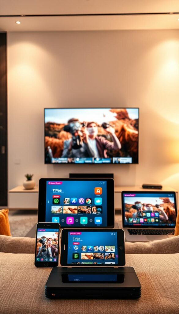 A sleek and modern living room setup with a large, high-definition television mounted on the wall. In the foreground, a group of various devices including a smartphone, tablet, and laptop are arranged, all connected to the Hoxtoon Provider IPTV service. The devices showcase the multi-device support, with seamless content streaming across the screens. Soft, warm lighting illuminates the scene, creating a cozy and inviting atmosphere. The background features minimalist decor and clean lines, emphasizing the advanced, tech-savvy nature of the IPTV solution. The overall composition highlights the convenience and flexibility of the Hoxtoon Provider IPTV service, catering to the modern viewer's need for access across multiple devices.