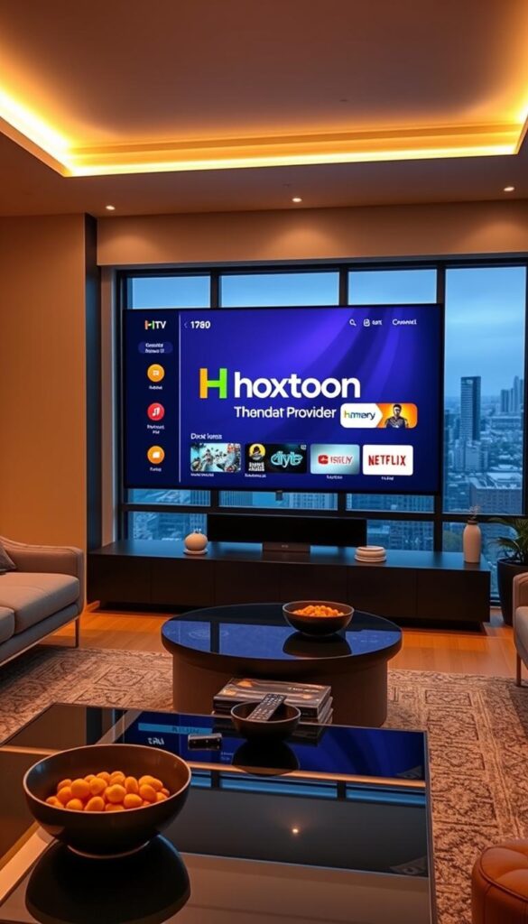 A sleek and modern living room with a large flatscreen TV displaying the Hoxtoon Provider IPTV service interface. The room is bathed in warm, soft lighting, creating a cozy and inviting atmosphere. In the foreground, a coffee table with a remote control and a bowl of snacks, hinting at the comfortable, at-home viewing experience. The middle ground features elegant, minimalist furniture, while the background showcases large windows overlooking a city skyline, suggesting the availability of a wide range of content and channels. The Hoxtoon Provider logo is prominently displayed on the TV screen, highlighting the service's impressive content library.