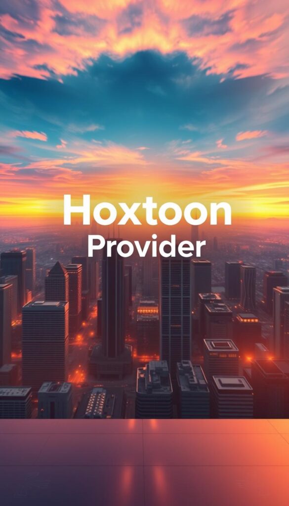 A sleek and modern logo for the "Hoxtoon Provider" IPTV service, set against a backdrop of a minimalist cityscape with skyscrapers and a vibrant, futuristic sky. The logo is prominently displayed in the center, with a clean and bold typeface that exudes professionalism and reliability. The scene is bathed in a warm, golden light, creating a sense of sophistication and high-end technology. The overall composition conveys the idea of a cutting-edge, high-performance IPTV service that is at the forefront of the industry.