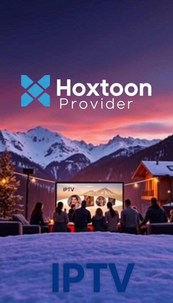 A sleek and modern logo for the "Hoxtoon Provider" brand, set against a backdrop of a stylized Austrian alpine landscape. The logo features a minimalist, geometric design in shades of blue and gray, conveying a sense of professionalism and technological prowess. In the middle ground, a group of people are gathered around a large screen, enjoying the IPTV service. The scene is bathed in warm, natural lighting, creating a cozy and inviting atmosphere. In the background, snow-capped mountains and a vibrant, twilight sky complete the picturesque Austrian setting.