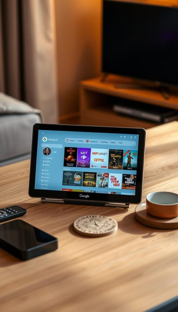 A sleek and modern-looking Google TV device sitting on a wooden table, showcasing the Hoxtoon Provider IPTV app on its screen. The app interface displays a clean, intuitive layout with various content categories, live TV channels, and on-demand movies. The device is surrounded by accessories like a remote control and a stylish coaster, creating a cohesive and premium setup. The scene is bathed in warm, soft lighting, creating a cozy and inviting atmosphere. The overall composition emphasizes the key features and user-friendly experience of the Hoxtoon Provider IPTV app for Google TV.