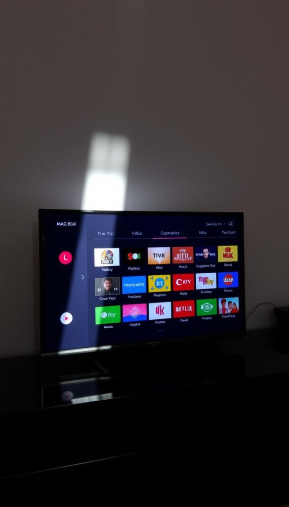 A sleek and modern-looking IPTV interface displayed on a MAG Box device. The Hoxtoon Provider logo prominently featured at the top, signifying the service being used. The main screen shows a grid of colorful channel icons, neatly organized and easy to navigate. The interface has a clean, minimalist design with a dark color scheme, creating a sophisticated and immersive viewing experience. Soft, directional lighting from the top left illuminates the scene, casting subtle shadows and highlights that add depth and dimension. The camera angle is slightly elevated, giving an unobstructed view of the interface and showcasing its intuitive layout and user-friendly controls.