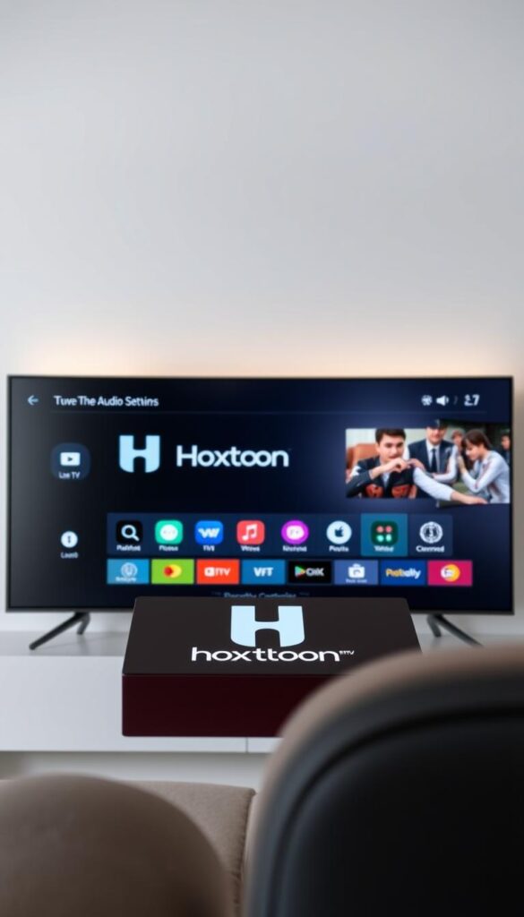 A sleek and modern-looking IPTV player interface, showcasing its key features in a clean, intuitive layout. In the foreground, a high-resolution display of the Hoxtoon Provider logo, conveying a sense of professionalism and reliability. The middle ground features various icons and graphics representing the player's capabilities, such as support for multiple video and audio formats, live TV, on-demand content, and parental controls. The background has a subtle gradient or texture, creating a sophisticated and tech-savvy atmosphere. The lighting is soft and diffused, highlighting the player's UI elements and creating a visually appealing and cohesive scene.