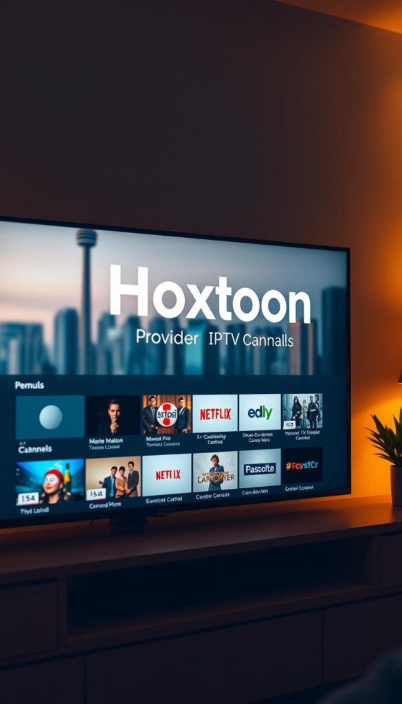 A sleek and modern-looking IPTV service interface, showcasing the Hoxtoon Provider brand prominently. The interface displays a grid of popular Canadian TV channels and content, with clear, high-quality thumbnails and intuitive navigation. The background features a subtle, blurred cityscape of Toronto, Canada, conveying a sense of a premium, urban-focused IPTV service. The overall layout is clean, sophisticated, and optimized for easy browsing and content discovery. Warm, natural lighting illuminates the scene, creating a welcoming and immersive atmosphere.