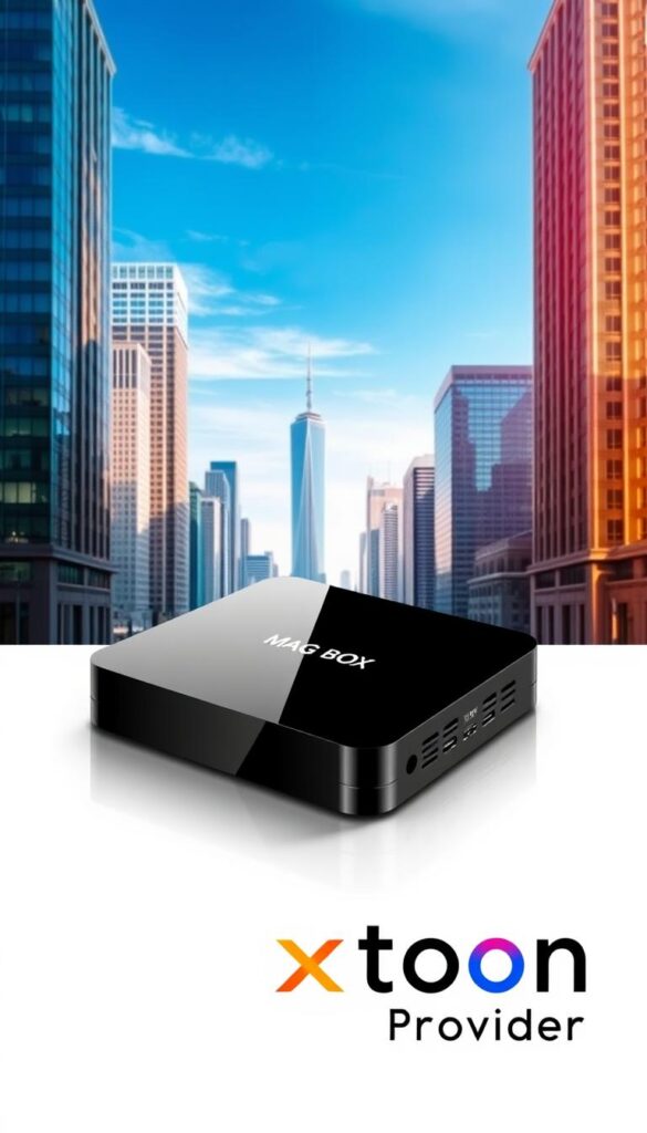 A sleek and modern-looking MAG Box set-top device stands prominently in the center, surrounded by a clean, minimalist composition. The device's elegant design and glossy finish catch the light, creating a subtle, reflective effect. In the background, a vibrant, gradient-filled cityscape with skyscrapers and a clear, blue sky sets the scene, conveying a sense of urban sophistication. The Hoxtoon Provider logo is subtly displayed in the bottom right corner, highlighting its position as the leading IPTV service for this device. The overall tone is one of high-quality, cutting-edge technology and reliable, premium-level entertainment.