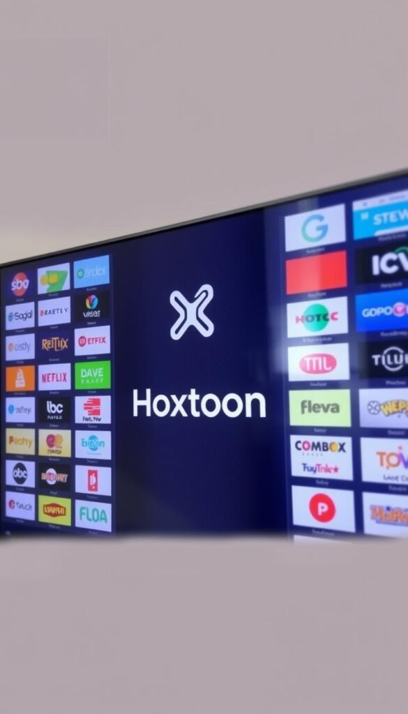 A sleek and modern-looking TV screen showcasing the extensive channel lineup of the Hoxtoon IPTV provider. In the foreground, a grid of channel logos and names fills the screen, neatly organized and easy to browse. The middle ground features a stylized Hoxtoon logo, prominently displayed to establish the brand identity. The background has a subtle gradient or pattern, creating a clean and professional-looking composition. The lighting is soft and even, highlighting the clarity of the screen and the vibrant colors of the channel logos. The camera angle is slightly elevated, giving a sense of authority and comprehensiveness to the channel selection.