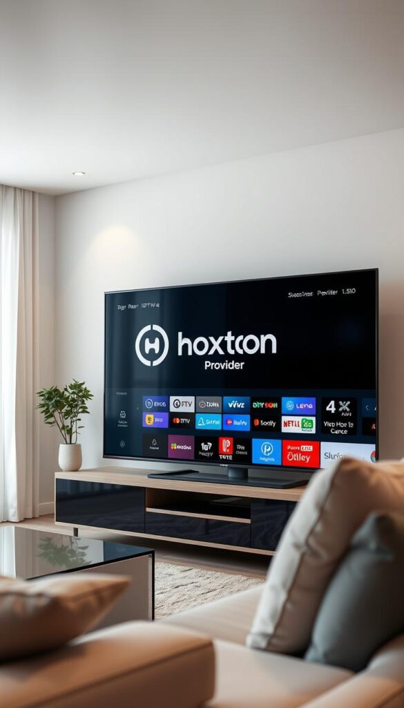 A sleek and modern-looking home entertainment setup, showcasing an IPTV service interface on a large, high-definition flat-screen TV. The TV is situated in a well-lit, minimalist living room with clean lines and neutral-toned furniture. The IPTV interface displays the Hoxtoon Provider logo prominently, highlighting its user-friendly design and comprehensive channel selection. Soft, diffused lighting creates a warm and inviting atmosphere, while the camera angle captures the TV screen at a slight angle, conveying a sense of immersion and engagement with the IPTV service.