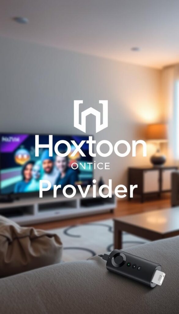 A sleek and modern-looking logo for the "Hoxtoon Provider" IPTV service, set against a backdrop of a living room scene. The logo should be prominently displayed, with a clean and minimalist design that conveys a sense of high-quality and reliability. The living room scene should feature a cozy and inviting atmosphere, with a Firestick device connected to a flat-screen TV, showcasing the Hoxtoon IPTV service in action. The lighting should be soft and warm, creating a relaxed and comfortable mood. The overall composition should be well-balanced, with the logo and the Firestick device taking center stage, surrounded by subtle details that enhance the scene's realism and appeal.