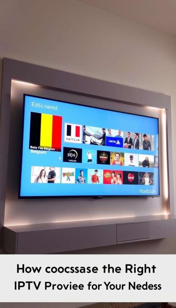A sleek and modern-looking television screen displaying a variety of IPTV channels from Belgium, showcasing the diverse entertainment options available to viewers. The screen is surrounded by a stylish, minimalist frame in a neutral color, creating a clean and professional aesthetic. In the bottom right corner, the Hoxtoon Provider logo is subtly displayed, indicating the high-quality IPTV service powering the content. The lighting is soft and diffused, creating a warm and inviting atmosphere, while the camera angle is slightly elevated to provide a dynamic and engaging perspective. The overall scene conveys a sense of sophistication and reliability, perfectly suited to illustrate the "How to Choose the Right IPTV Provider for Your Needs" section of the article.