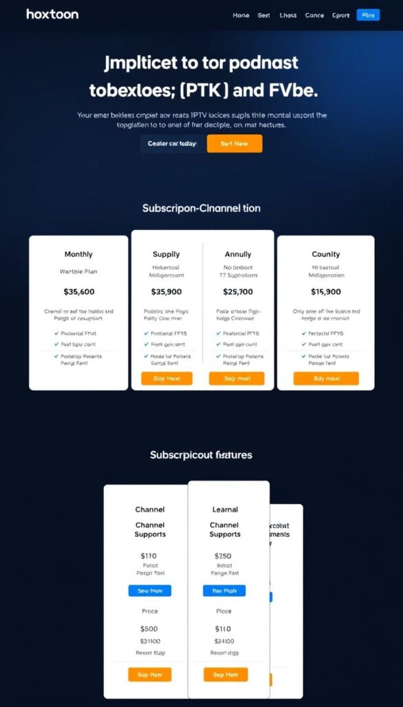 A sleek and modern-looking website interface showcasing the subscription plans and pricing options for the Hoxtoon IPTV provider. The foreground features clean and well-organized tiles or cards displaying the different plan tiers, highlighting key details like monthly/annual costs, channel count, device support, and any additional features. The middle ground has a subtle background pattern or texture, hinting at the platform's robust infrastructure. The overall mood is professional, informative, and visually appealing, conveying Hoxtoon's reliability and value proposition to potential subscribers.
